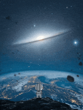 a cartoon character looking up at a galaxy over a planet