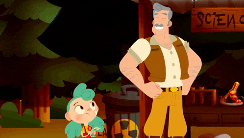 a man and a girl are standing in front of a science shop
