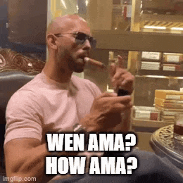 a bald man is smoking a cigar and asking how ama ?