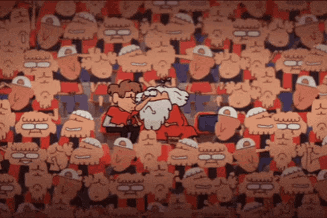 a cartoon of a man kissing another man in a crowd