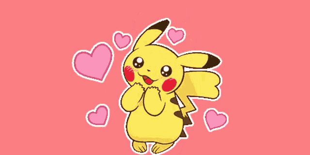 a pikachu is surrounded by pink hearts and circles on a pink background