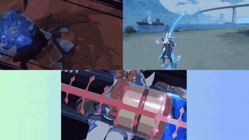 a collage of four images shows a person holding a sword in a video game