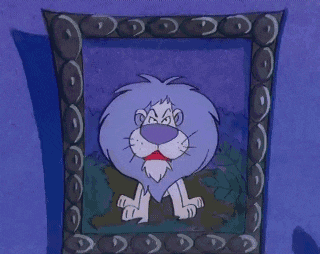 a cartoon of a lion in a frame with a purple background