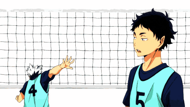 a volleyball player wearing a number 5 jersey stands next to a player wearing a number 4 jersey