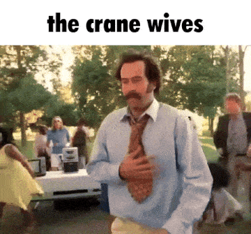 a man in a blue shirt and tie is dancing in a park with the words the crane wives below him