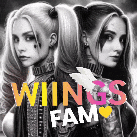 a black and white drawing of two girls with the words wings fam written below them