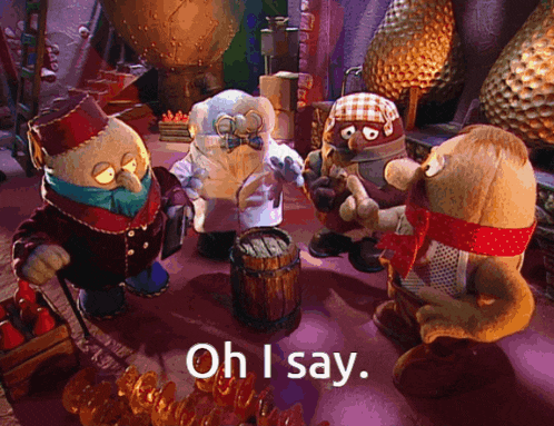 a group of stuffed animals with the words oh i say on the bottom right