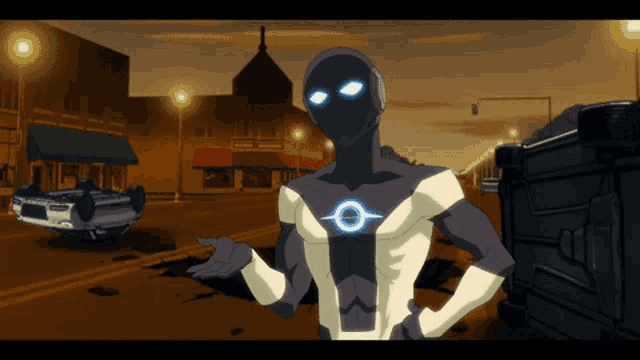 a cartoon character is standing in front of a car that has turned over