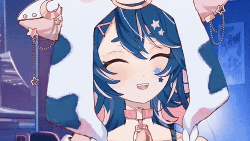 a girl with blue hair is wearing a cow hat and smiling
