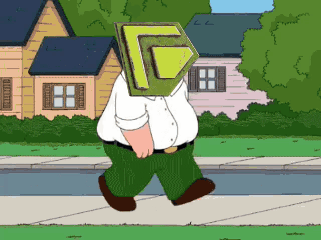 a cartoon character is walking down a street with a yellow triangle on his head
