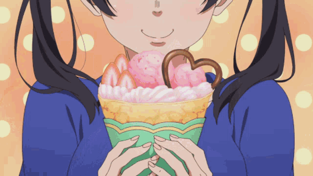 a girl is holding a crepe with strawberries and whipped cream on it