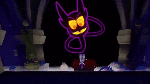 a cartoon character is standing on a red carpet in front of a large purple monster in a video game .