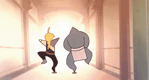 a cartoon of a man and a shark dancing in a hallway .