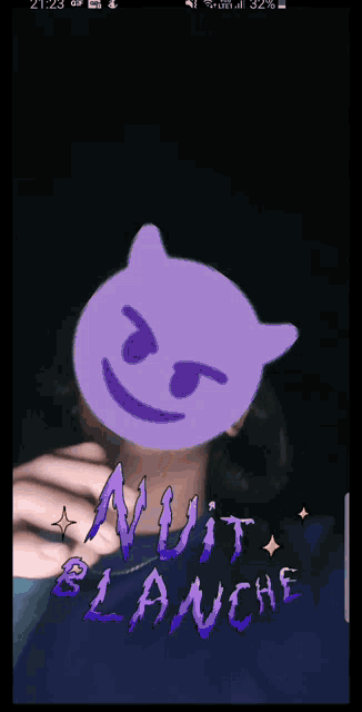 a picture of a person with a purple face and the words nuit blanche below it