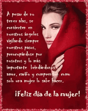 a woman in a red scarf is on a red background with spanish writing