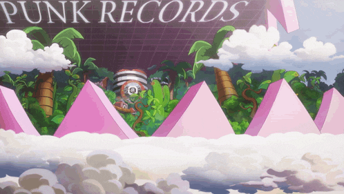 a sign for punk records with pink pyramids and palm trees