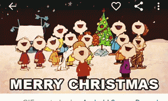a group of peanuts characters singing merry christmas while standing in front of a christmas tree