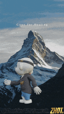a cartoon character is standing in front of a snowy mountain with the words " gone for healing "
