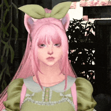 a girl with pink hair and a green dress has a bow on her head