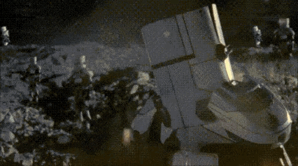 a group of robotic soldiers are standing in a line in a field .