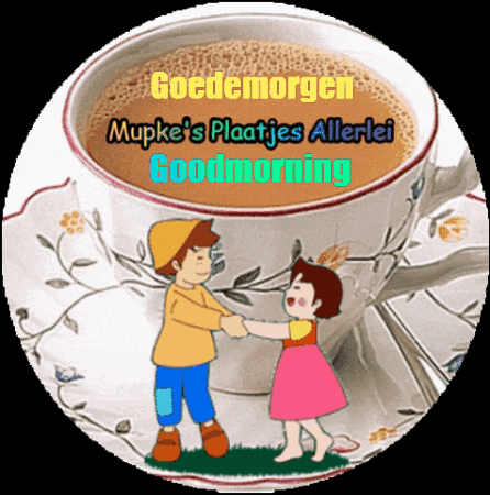 a cartoon of a boy and a girl holding hands next to a cup of coffee that says goodmorning