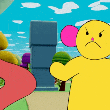 a yellow cartoon character with a pink nose is holding a pink balloon