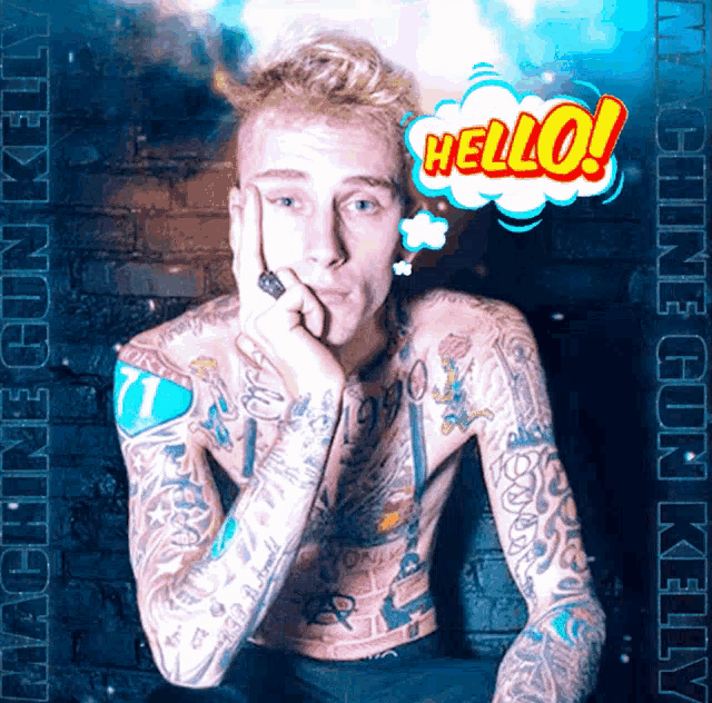 a shirtless man with a speech bubble that says hello on it