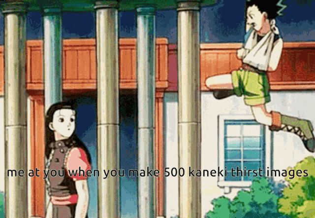 a cartoon of a girl and a boy with the words " me at you when you make 500 kaneki thirstiimages " below them