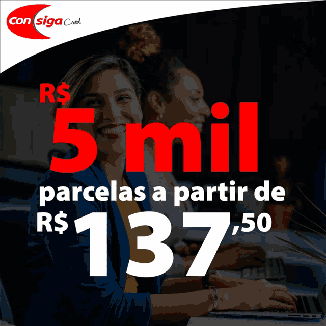 two women are sitting at a desk with a sign that says r $ 20 mil parcelas a partir de r $ 55,00