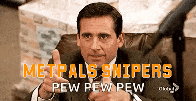 a man in a suit and tie is pointing at the camera with the words metpals snipers pew pew pew behind him
