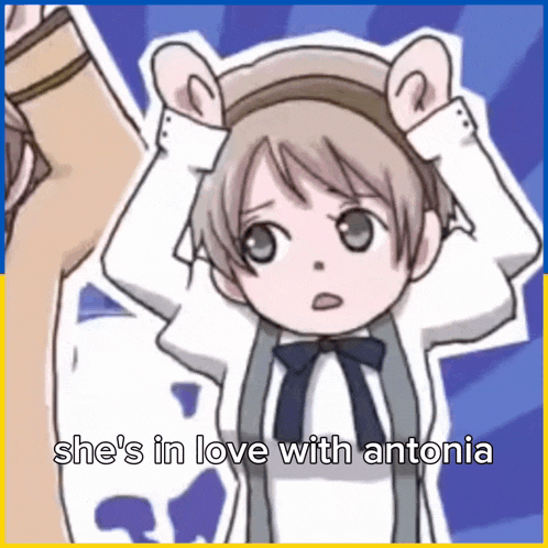 a cartoon of a girl with the words she 's in love with antonia