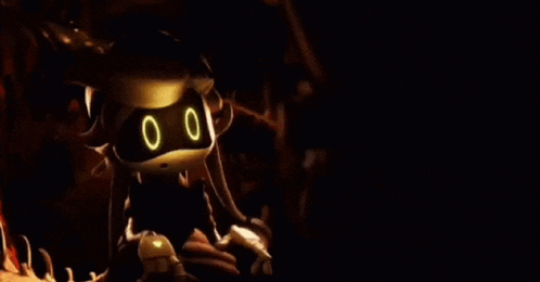 a cartoon character with glowing eyes and a hat is in the dark .