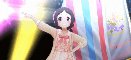 a little girl in a pink dress is pointing up