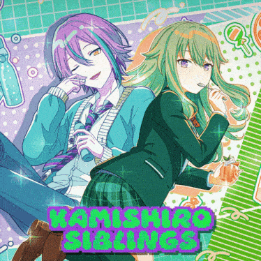 a poster of two anime characters with the words kashio siblings