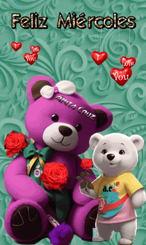 a purple teddy bear and a white teddy bear on a green background with the words feliz miércoles