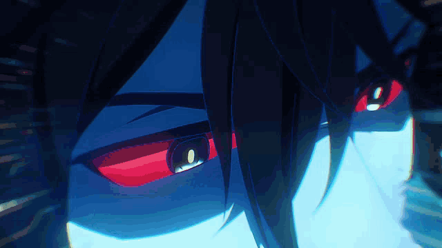 a close up of a person 's face with red eyes and blue hair