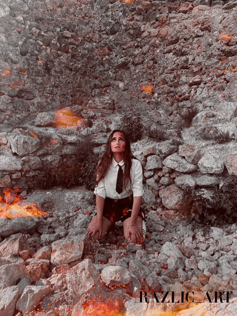 a woman is kneeling down in a rocky area with razlic art written on the bottom right