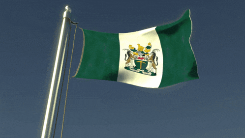 a green and white flag with a coat of arms on it is waving in the wind