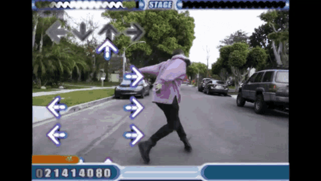 a video game screen shows a person dancing on a street with arrows pointing in different directions