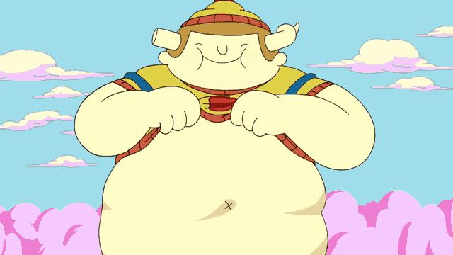 a cartoon character with a big belly and a cross on his belly