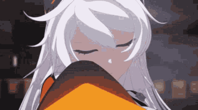 a girl with long white hair is covering her face with an orange blanket .