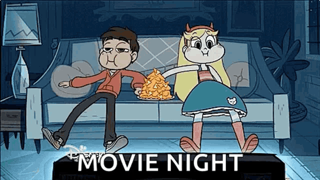 a cartoon of a boy and a girl sitting on a couch watching a movie night