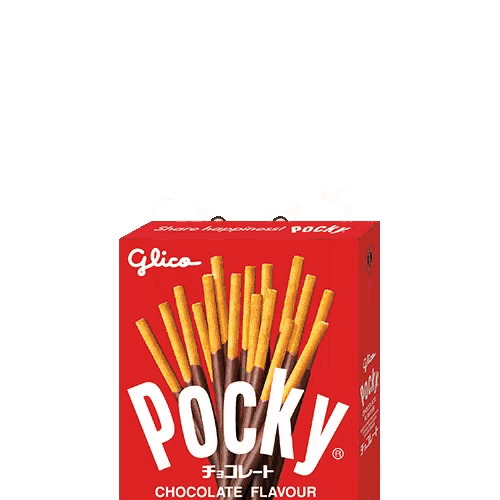 a box of pocky chocolate flavored biscuits with a girl with hearts in her eyes