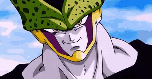 a close up of a cartoon character 's face with a green and purple mask