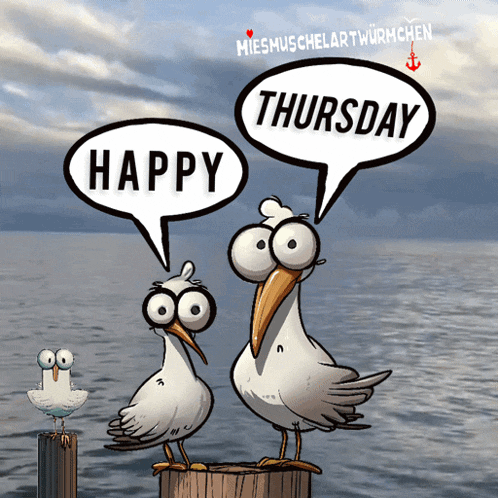 two seagulls are standing next to each other with speech bubbles that say happy and thursday