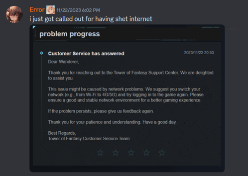a screenshot of a message from tower of fantasy customer service team