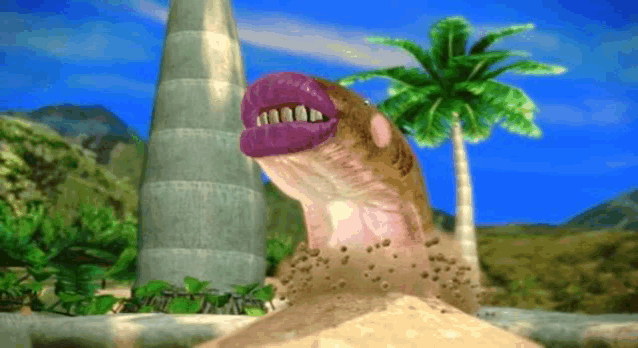 a cartoon of a monster with a purple mouth coming out of the sand .