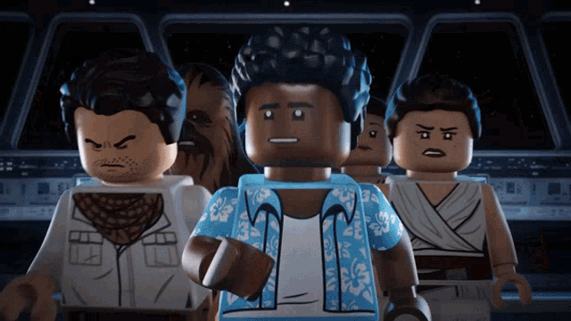 a group of lego figures are standing next to each other with one wearing a hawaiian shirt
