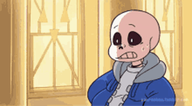 a cartoon drawing of a skeleton with a blue jacket