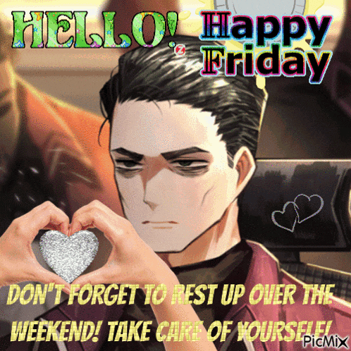a picture of a man making a heart with his hands with the words happy friday below him